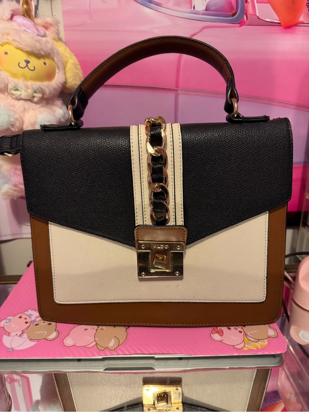 Aldo Tricolor Top-Handle Satchel in Black, Cream & Brown